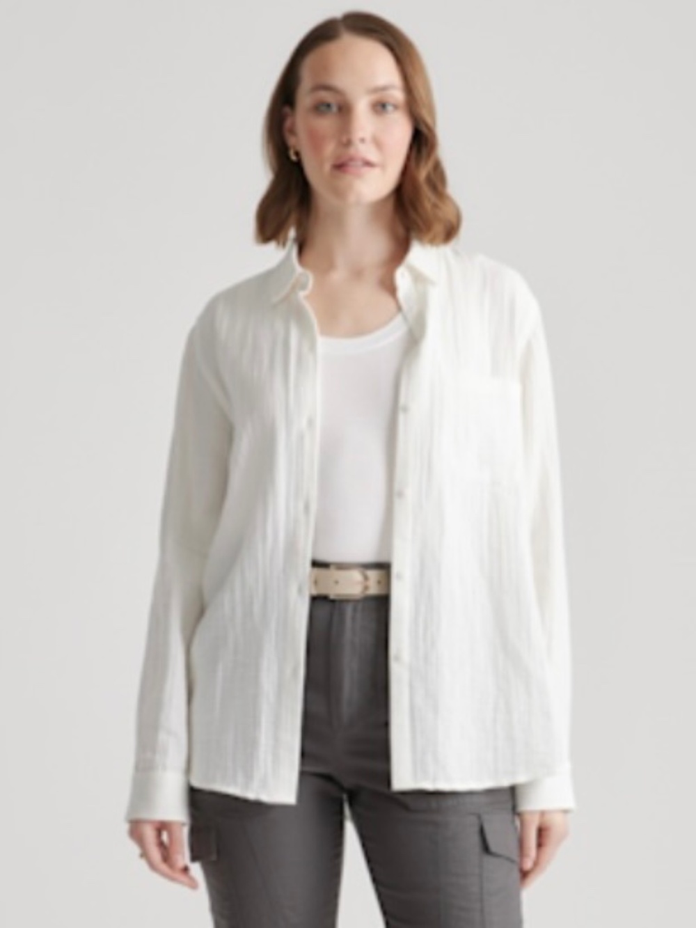 100% Organic Cotton Gauze Long Sleeve Shirt - White - Small